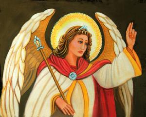 Angel with magic wand in on hand has the other han raise on to the sky. She is wearing a white robe and a red cloak crowned with a jeweled  crown