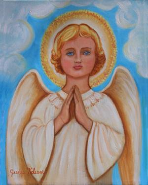 A young blonde angel is standing with hands held together in prayer .dressed in white robe and framed in her wings with a aqua pastel background