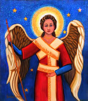 A beautiful blue lite sky with stars is the backdrop for an angel in  a red robe holding a staff honoring God