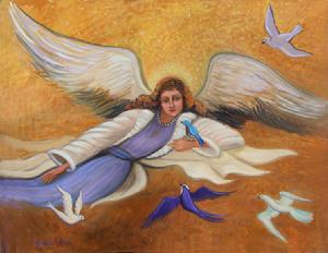 An angel in flight with birds and doves surrounding , Wearing a purple pastel robe  the angel wings are extende in a flying motion