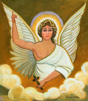 Gabriel the messenger , holding one hand up and one hand holding a jeweled cross, wearing a white robe and is framed by his white wings and clouds