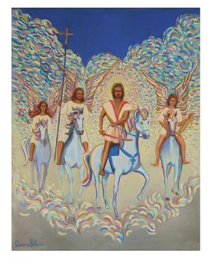 Jesus riding a white hors accompanied by three angels on horses with a impressionistic colorful background