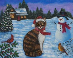 A Tabby ,white chested sitting in the snow with a Santa hat and  red asarf , There is a snowman ,christmass tree, log cabin inthe background and cardinal birds in the fore ground sitting on branches of holly with red berries