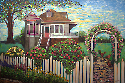 An antique house with flowers and a picket fence invites the viewer to come home.