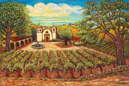 With the Tuscan colors the Carmel Mission is captured in the past wit a vineyard surrounding the mission.
