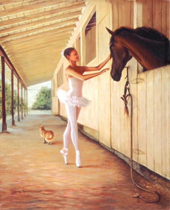 A ballerina  in a pink TU TU is in A Horse Stable  on toe saying good bye to her bay horse.