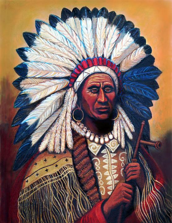 A fine western art painting of the Cheif Red Tomahawk  Indian with the feathered headdress on and holding a peace pipe.