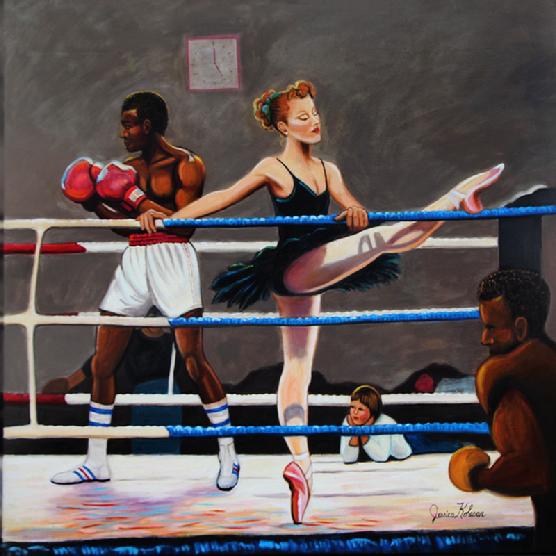 A BLack Boxer And A White Ballerina are in the ring working out at a boxing ring.