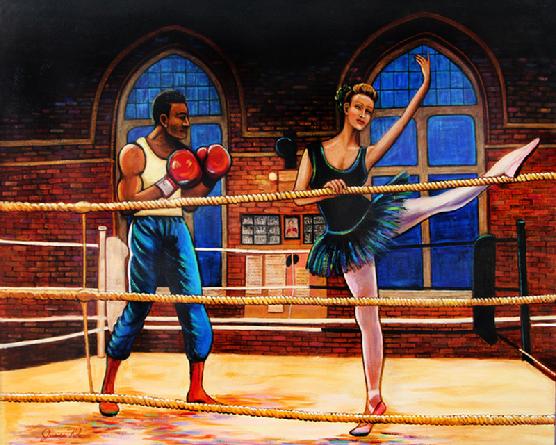 A Boxer and Ballerinia are at a boxing Gym in the ring working out.