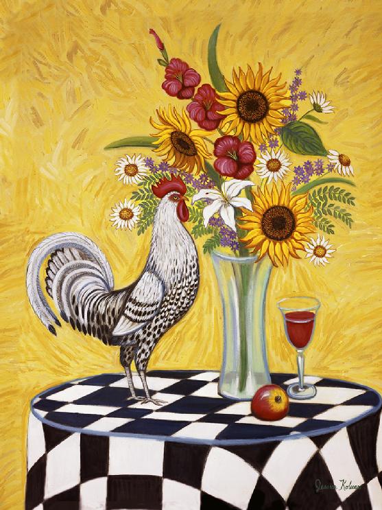 Ablack and white rooster standing on a black and white table cloth with a vase of flowers with sunflowers and gladiolas.