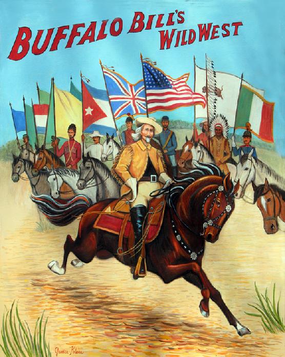 Painting of Buffalo Bill at the wild west show with the cowbow western theme that he was noted for. Costume riders with their national flags are the back drop for this hand painted oil painting.