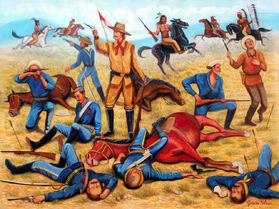 Custers Last Stand, an original oil by Jessica Kolesar General George Custer is fighting it out at the battle at Little Big Horn. Many of his soldiers and horses have fallen to their death and Custer and a few soldiers are fighting it out to the end.