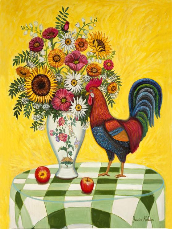 A  brown and black rooster is stand ing on a green and white table cloth with a flowered porcelean vase filled with assorted flower arrangement of sunflowers, and daises