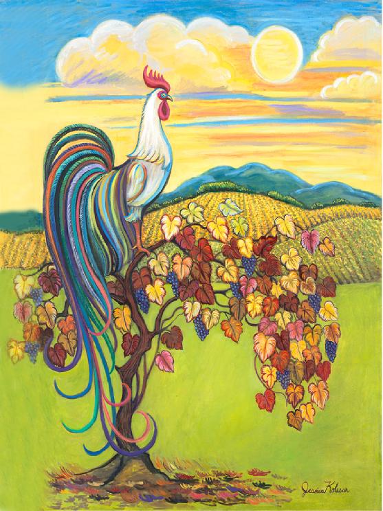 A Phoenix rooster whom has very long tail feathers is sitting on an antique grape vine with a majestic  sun and clouds behind him.